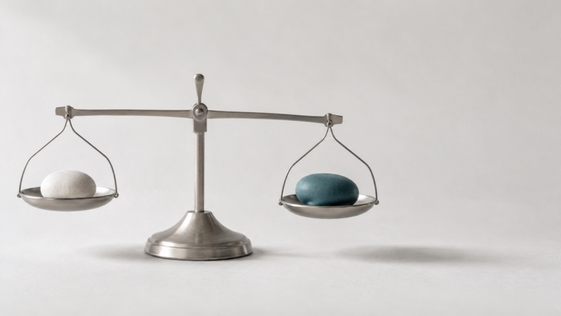 A balance scale holding a small white stone and a larger teal stone, representing the decision between a filling and a crown.