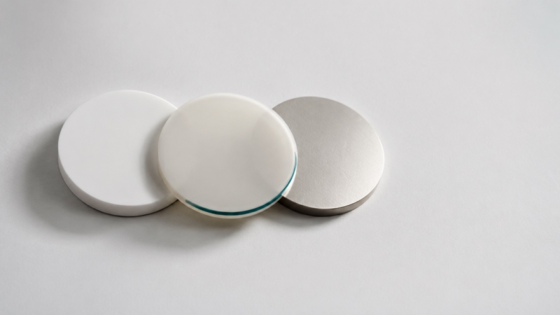 Three material sample discs in porcelain, translucent ceramic, and brushed metal, representing dental crown material options.