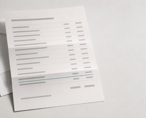 A posted dental statement beside its envelope with one line item underlined in teal, representing the charge left after insurance pays.