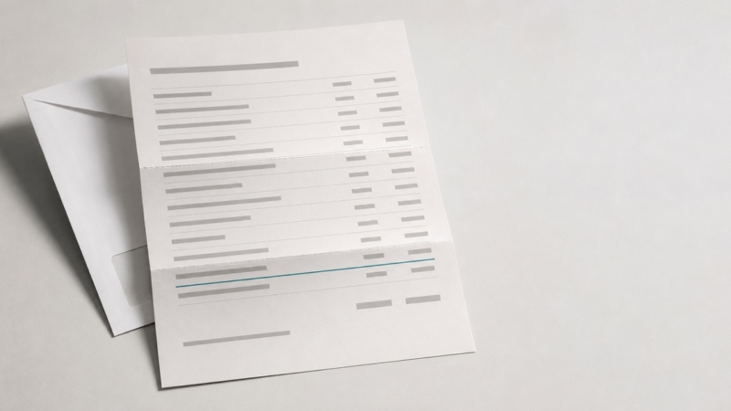 A posted dental statement beside its envelope with one line item underlined in teal, representing the charge left after insurance pays.