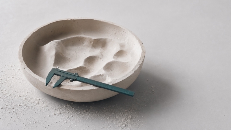 A plaster casting mould with a teal calliper resting in it, representing the denture fitting and adjustment process.