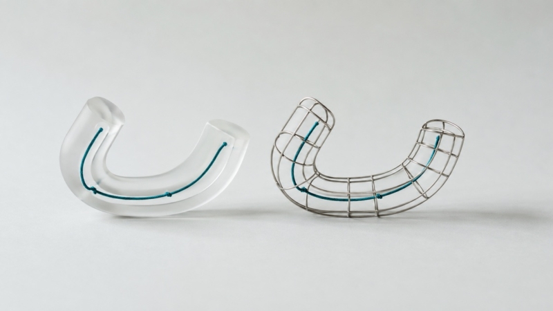 A frosted acrylic arch and a matching wire arch shown side by side at equal weight, representing clear aligners compared with fixed braces.