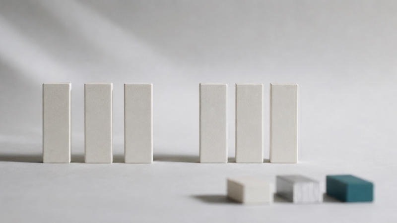 A row of upright blocks with a gap where one is missing, and three alternative blocks nearby, representing bridge, denture, and implant options.